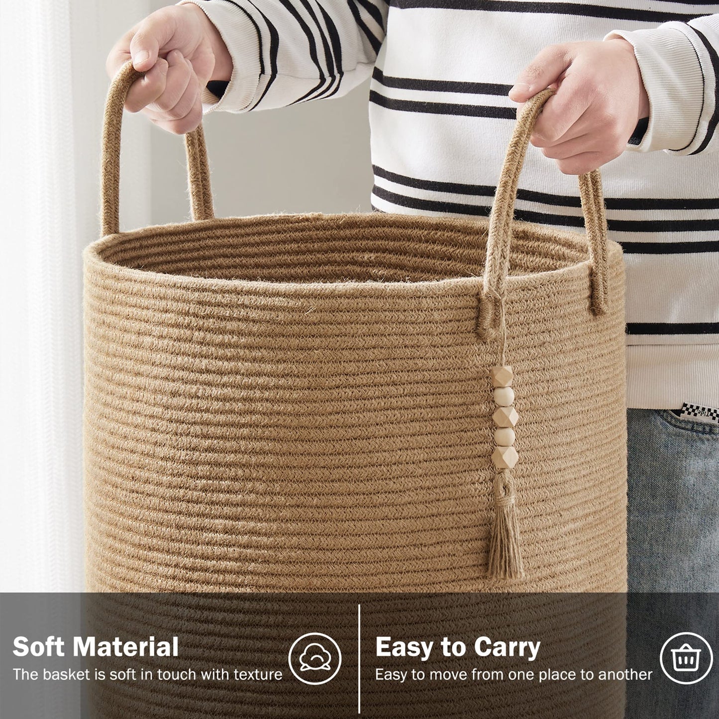 YOUDENOVA Jute Rope Laundry Hamper Basket, 58L Tall Woven Collapsible Baskets for Blanket Organizing Clothes Hamper for Laundry Bedroom Storage