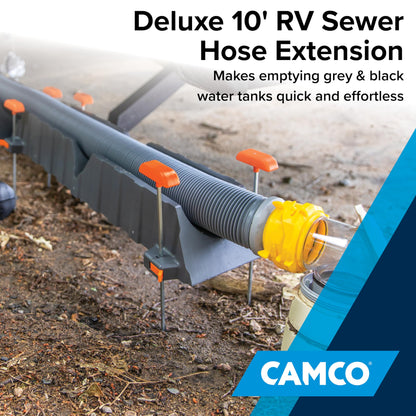 Camco 39665 Deluxe 10' Sewer Hose Extension - Heavy Duty Design with Swivel Fittings, Easy To Use and Compresses For Simple Storage, Storage Caps Included, Gray