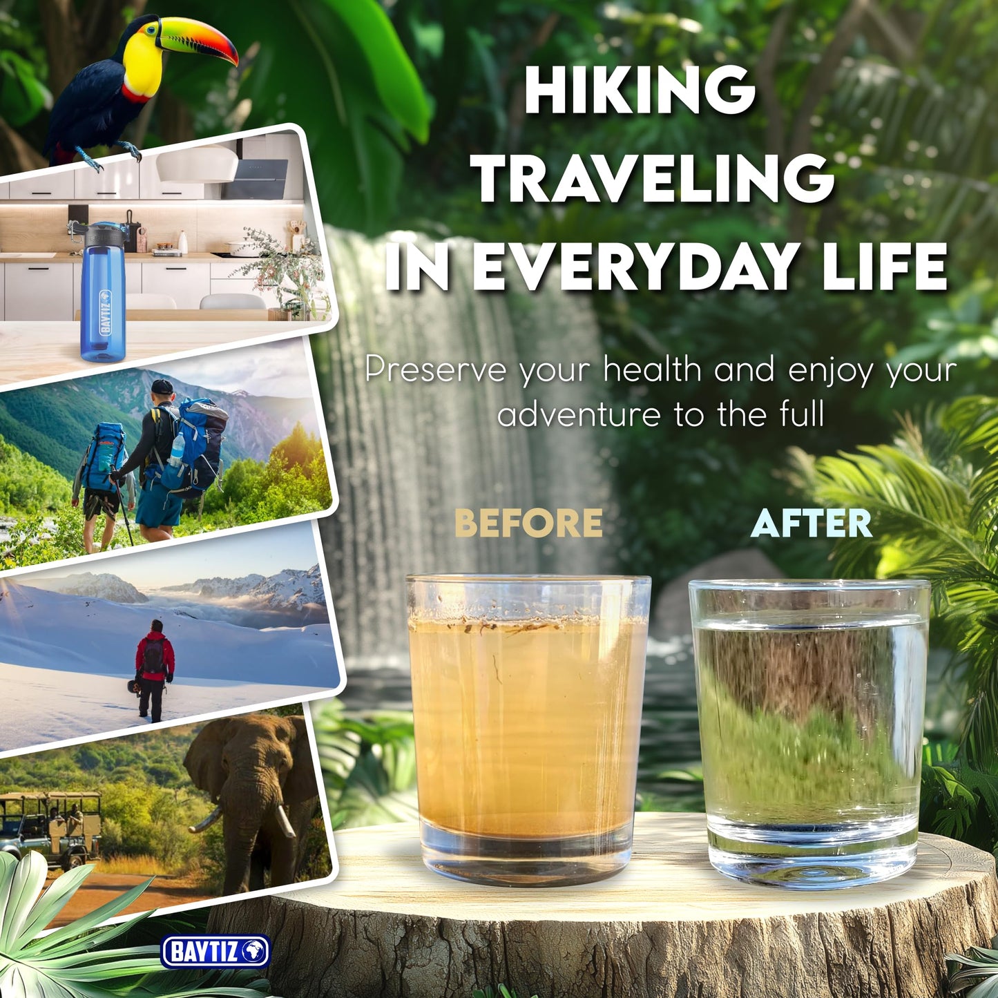 Water Filter Bottle + Purifier Straw - Cartridge with Charcoal Activated Reusable for