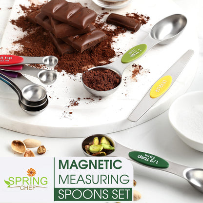 Spring Chef Stainless Steel Magnetic Measuring Spoons Set with Strong Magnets, Heavy Duty Metal Kitchen Essentials - Fits in Most Kitchen Spice Jars, Multicolor, Set of 8 with Leveler