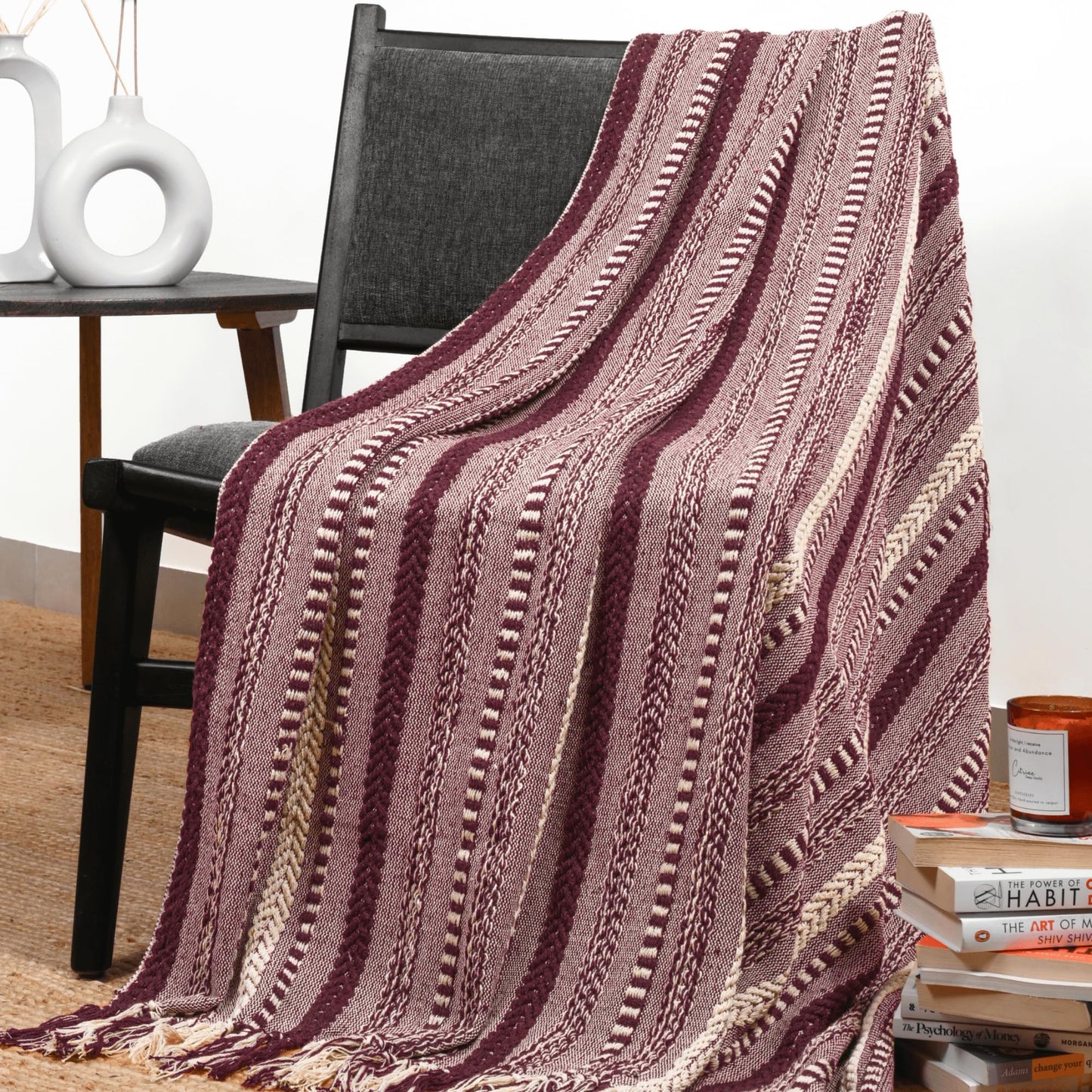 RAJRANG Cotton Braided Striped Throw Blanket with Boho Tassels - 50x60 inches Soft Farmhouse Woven Knitted Blankets - Pomegranate