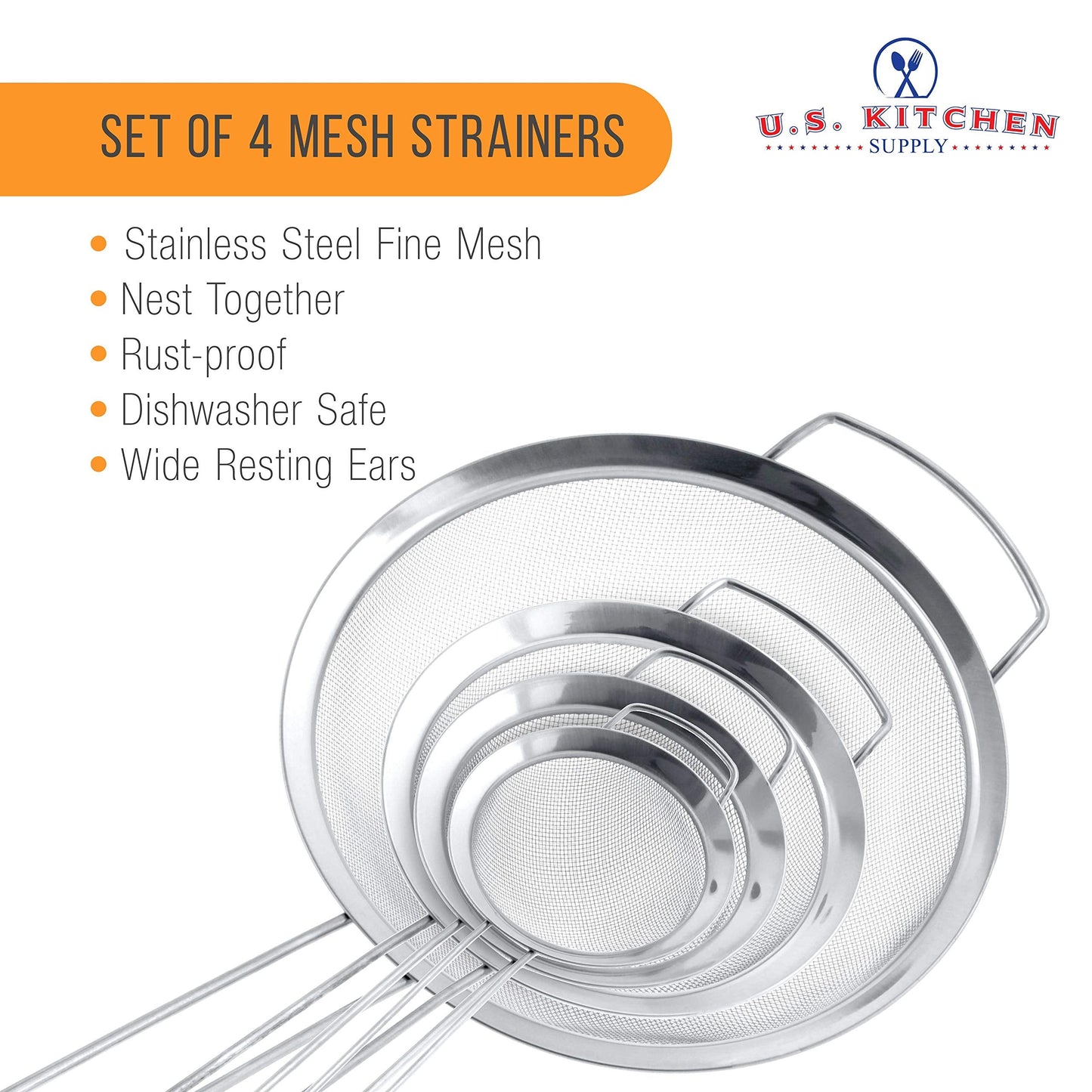 U.S. Kitchen Supply - Set of 4 Premium Quality Fine Mesh Stainless Steel Strainers with Wide Resting Ear Design - 3", 4", 5.5" and 8" Sizes - Sift, Strain, Drain and Rinse Vegetables, Pastas & Tea
