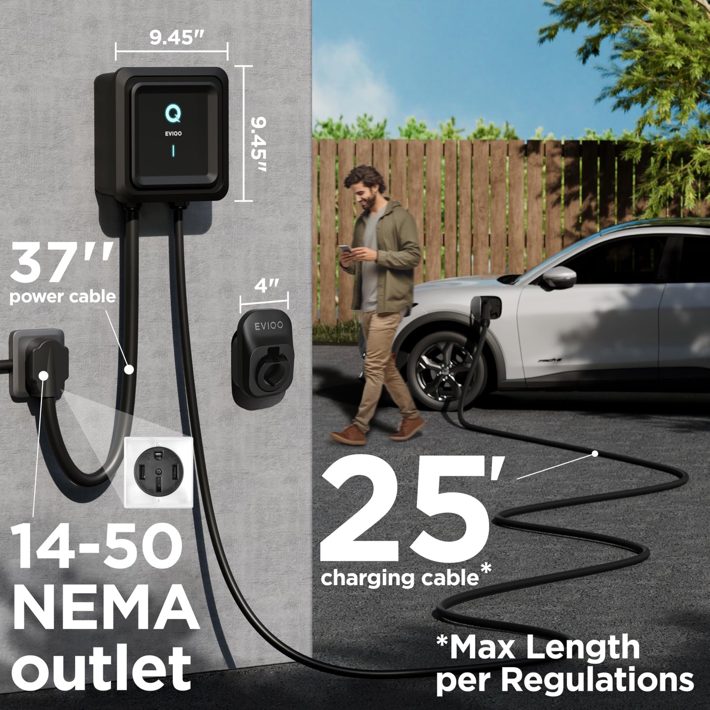 EVIQO Level 2 EV Charger – 48 Amp (11.5 kW) 240V – Wall EV Charger Level 2, NEMA 14-50 Plug/Hardwired, J1772 25' Cable, Enhanced Wi-Fi – UL, Energy Star, ETL Certified EVSE, Car Charging Station GEN 2
