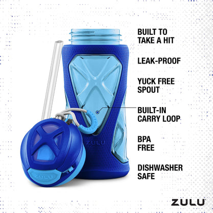 ZULU Torque 16oz Plastic Kids Water Bottle with Silicone Sleeve and Leak-Proof Locking Flip Lid, Soft Touch Carry Loop for School Backpack, Lunchbox, BPA-Free Dishwasher Safe, Mojo Blue