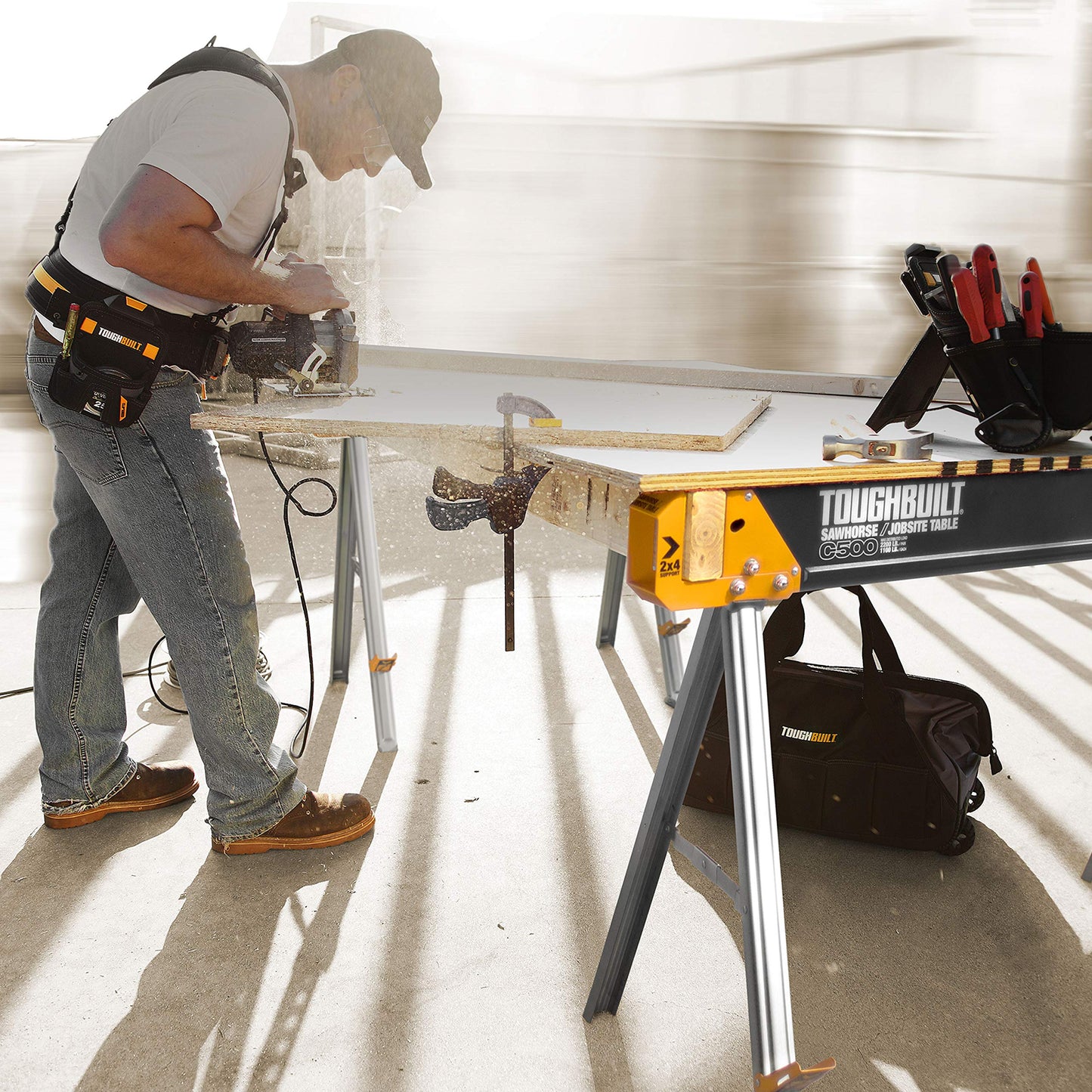 ToughBuilt - Sawhorse with 2x4 Support Arms 1100 LB Capacity - Heavy Duty Construction with Fast Open Legs and Easy Grip Handle - (TB-C500)