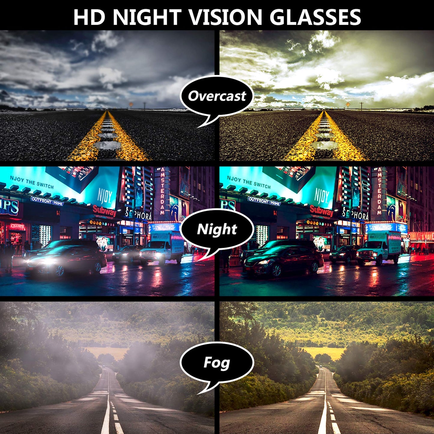 URUMQI Anti Glare Night Driving Glasses Fit Over Eyeglasses for Men Women, Polarized Nighttime Glasses HD Vision Yellow Lens