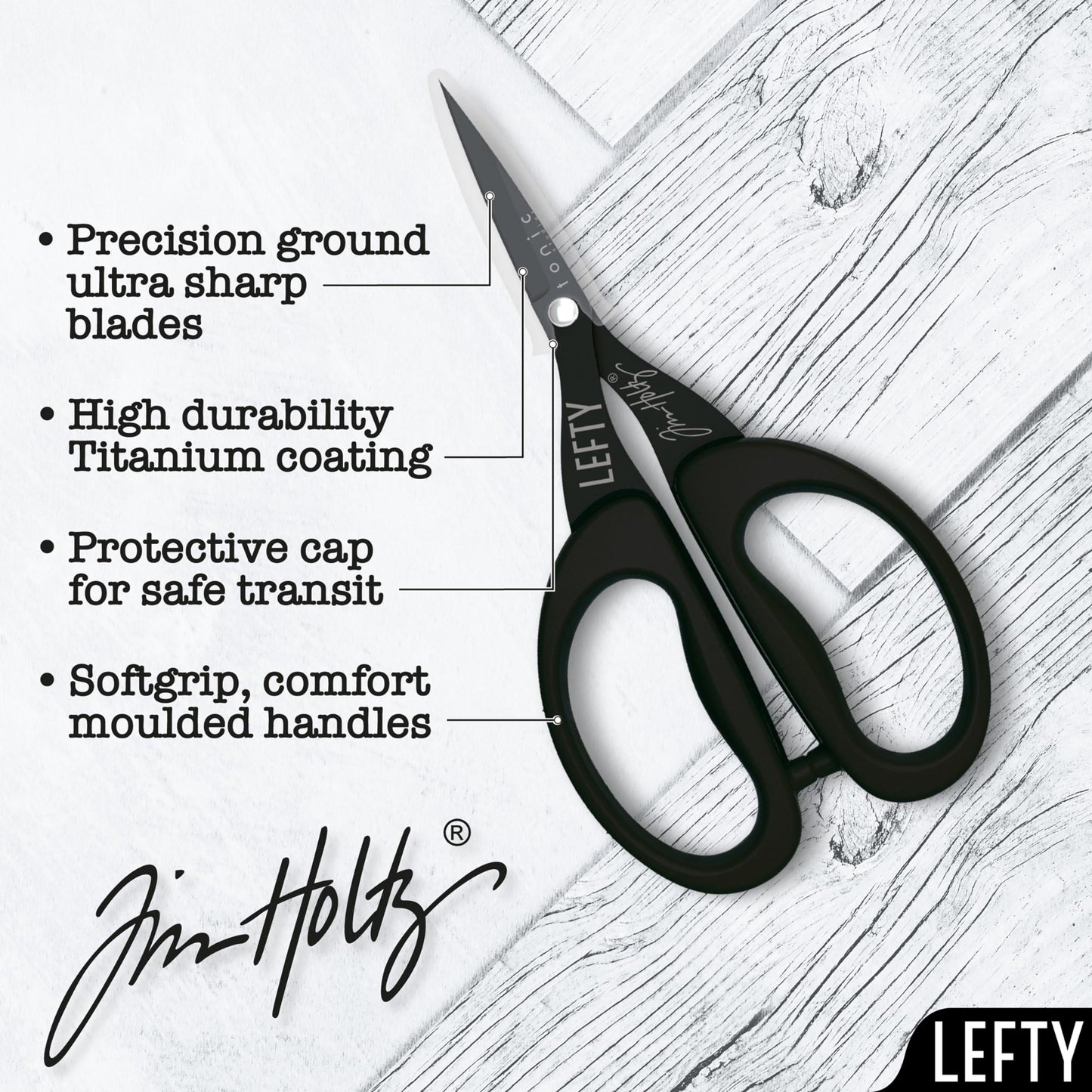 Tim Holtz Left Handed Scissors - 5 Inch Mini Snips with Micro Serrated Blade - Lefty Craft Tool for Cutting Paper, Fabric, and Sewing - Titanium with Black Comfort Grip Handles