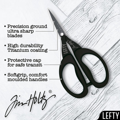 Tim Holtz Left Handed Scissors - 5 Inch Mini Snips with Micro Serrated Blade - Lefty Craft Tool for Cutting Paper, Fabric, and Sewing - Titanium with Black Comfort Grip Handles