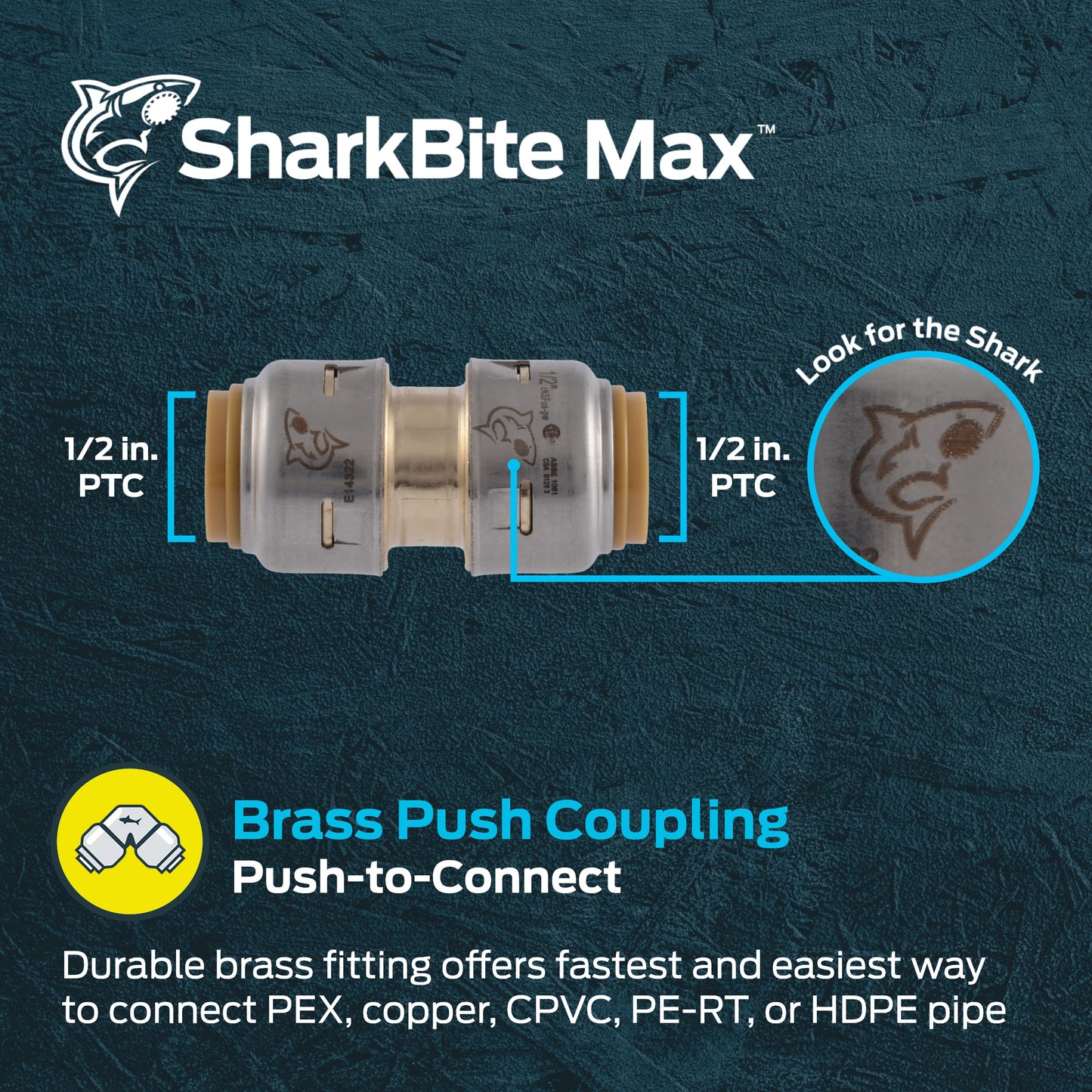 SharkBite Max 1/2 Inch Coupling, Push to Connect Brass Plumbing Fitting, PEX Pipe, Copper, CPVC, PE-RT, HDPE, UR008A