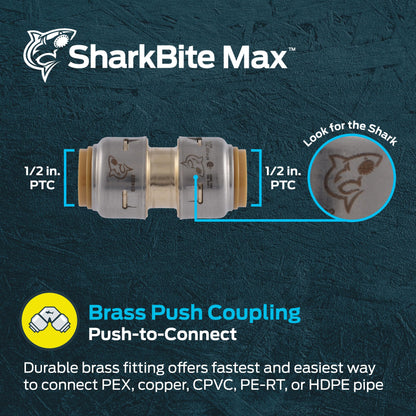 SharkBite Max 1/2 Inch Coupling, Push to Connect Brass Plumbing Fitting, PEX Pipe, Copper, CPVC, PE-RT, HDPE, UR008A