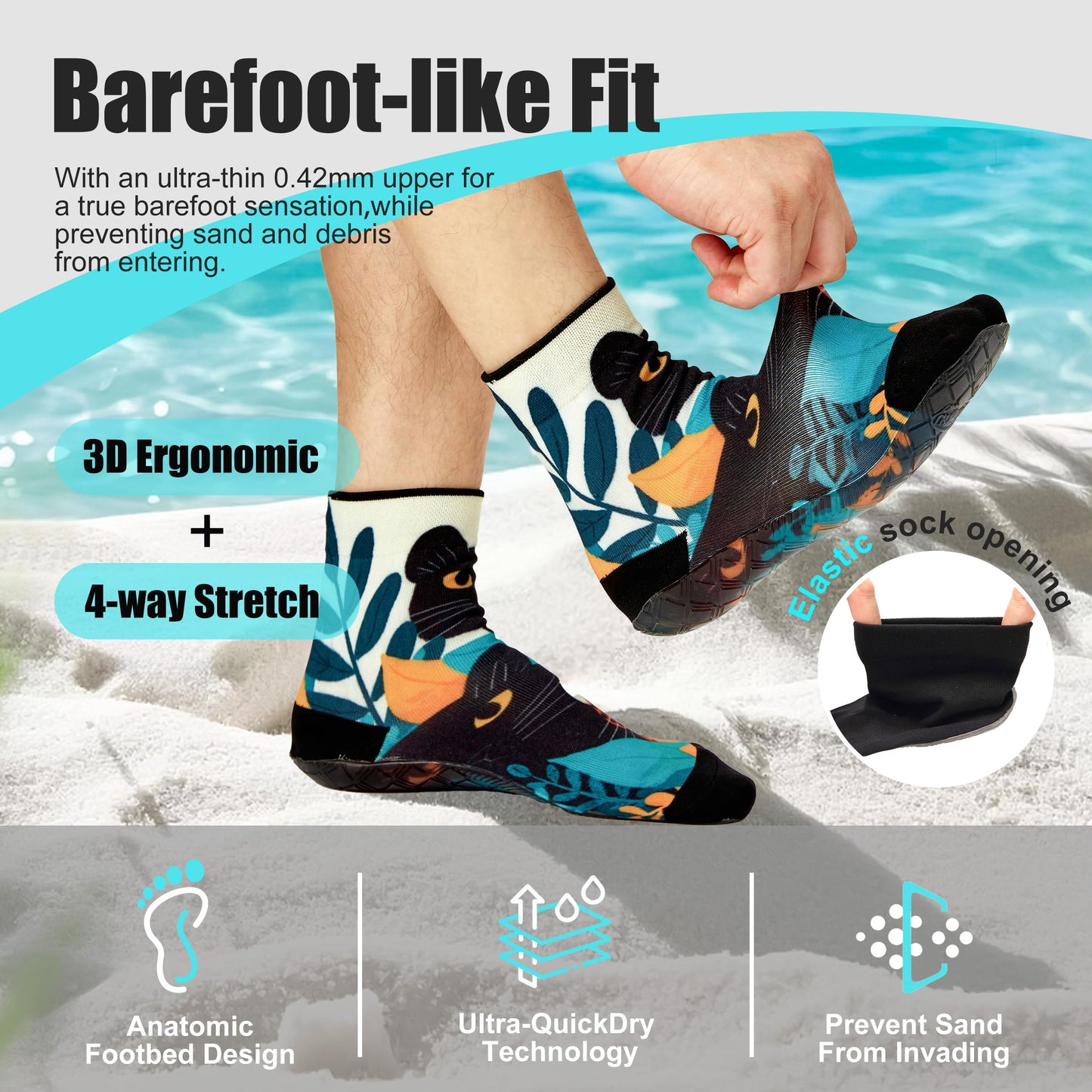 RANDY SUN Ankle Quick-Dry Barefoot Beach Socks with Anti-Slip TPE Sole, Breathable Lightweight Shoes for Sand, Seamless Aqua Socks, Black Leopard Size 24