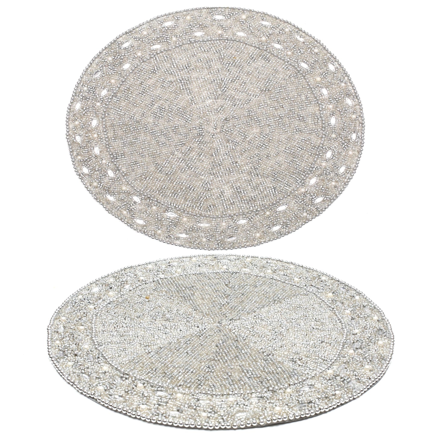 13" Round Beaded Placemat - Handcrafted Glass Beads in White Silver - Luxury Dining Table Decor, Wedding & Housewarming Gift, Holiday Use Pack of 1 by ALPHA Living HOME