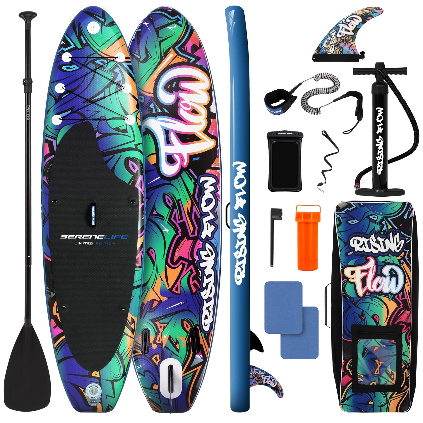 SereneLife Inflatable Stand Up Paddle Board - Wide Stable Design, Non-Slip Deck for Adults & Youth with Premium Paddle Board Accessories: Carry Bag, Dual Action Pump, Paddle, Ankle Leash - 10'6"
