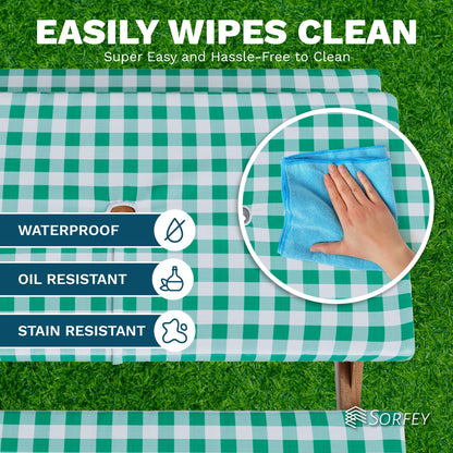 Sorfey Vinyl Umbrella Picnic Table and Bench Fitted Tablecloth Cover, Checkered Design, Flannel Backed Lining, 30x96 Inch, 3-Piece Set, Green