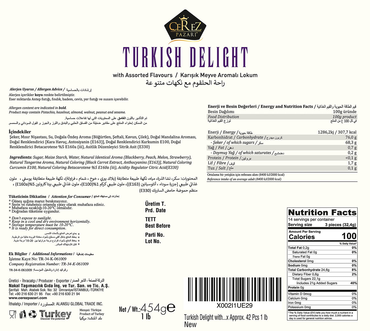 Cerez Pazari Turkish Delight Candy With Assorted Flavors, Gourmet Medium Size Snacks Gift Box, Sweet Luxury Traditional Confectionery Loukoumi, Vegan Lokum, Approx. No Nuts, 42 Pcs, 16 oz.