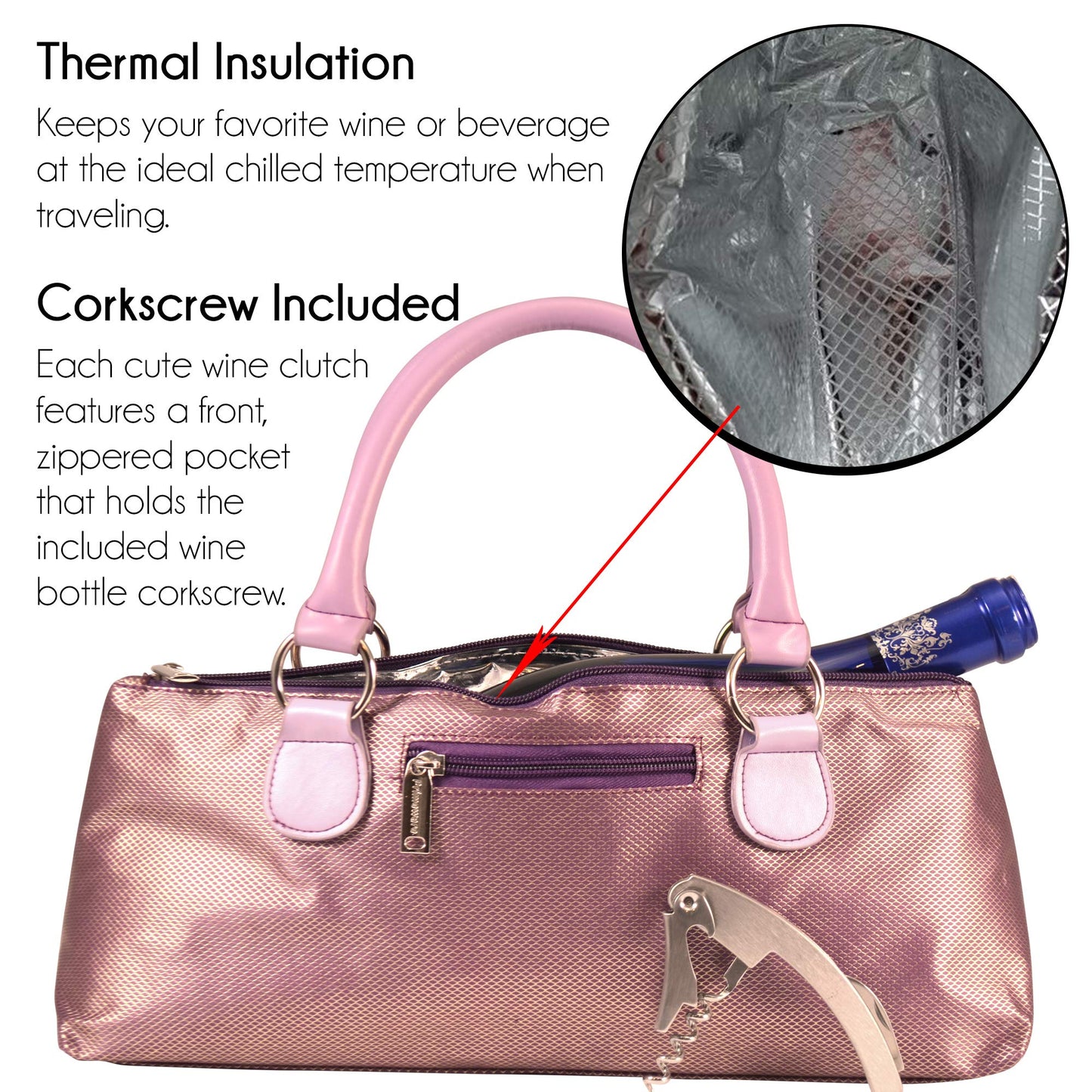 Primeware Wine Clutch Bag (Thermal Insulated) Trendy Women’s Carry Tote | Holds Red & White 750mL Bottles | Trendy Fashion | Incl. Portable Waiter-Style Corkscrew