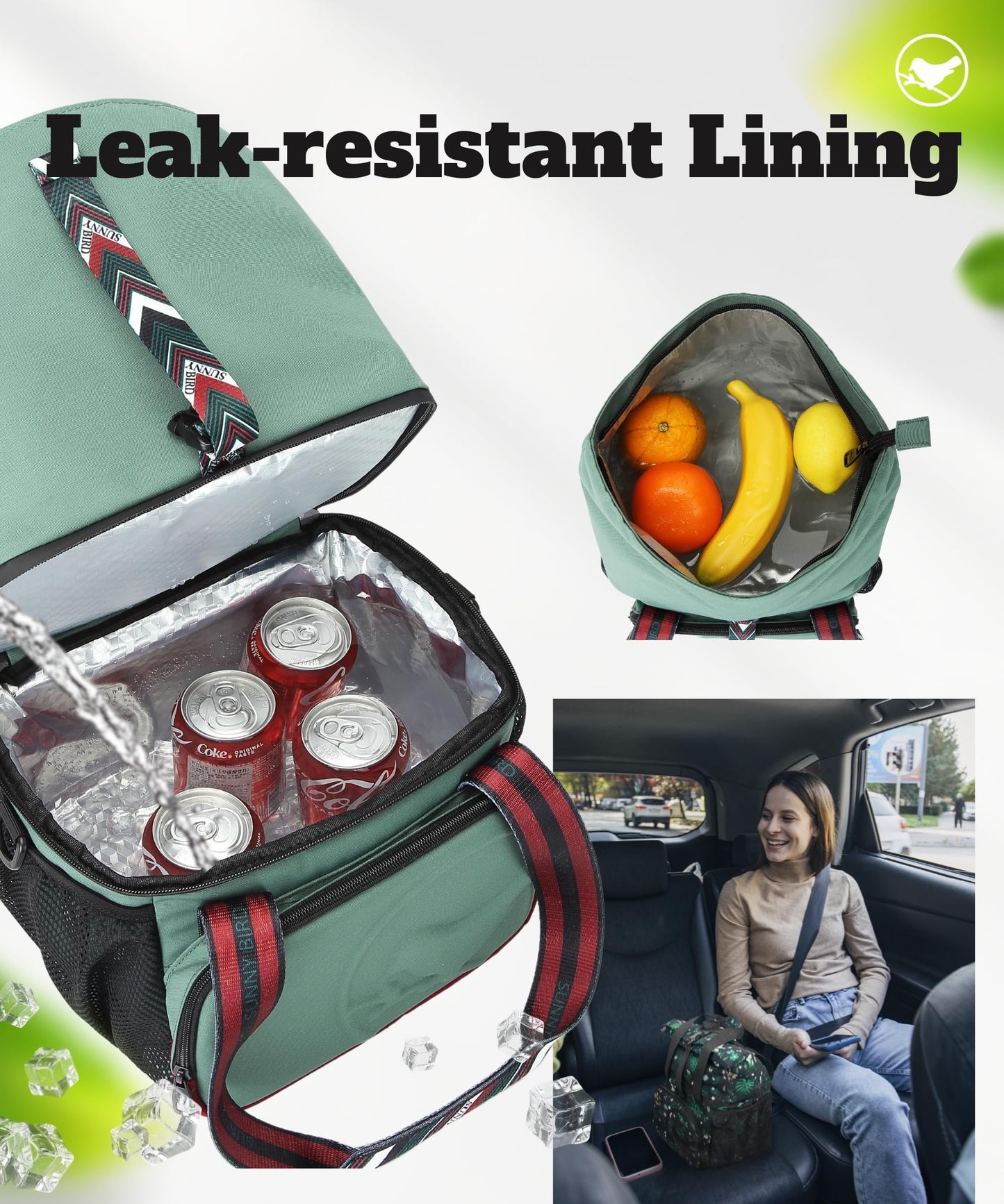 SUNNY BIRD Dual Compartment Lunch Bag Insulated Lunch Box for Women and Men (Green with boho strap)