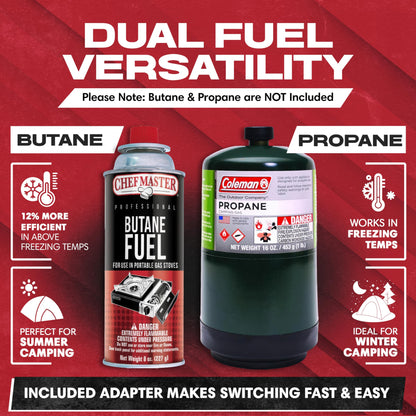 Grill Boss Dual Fuel Portable Stove, Dual Fuel Butane & Propane Stoves, 12K BTU Butane Camp Stove & Propane Portable Camping Stoves for Emergencies, Outdoor BBQ, Cooking, Hikings & Backpacking - 90057