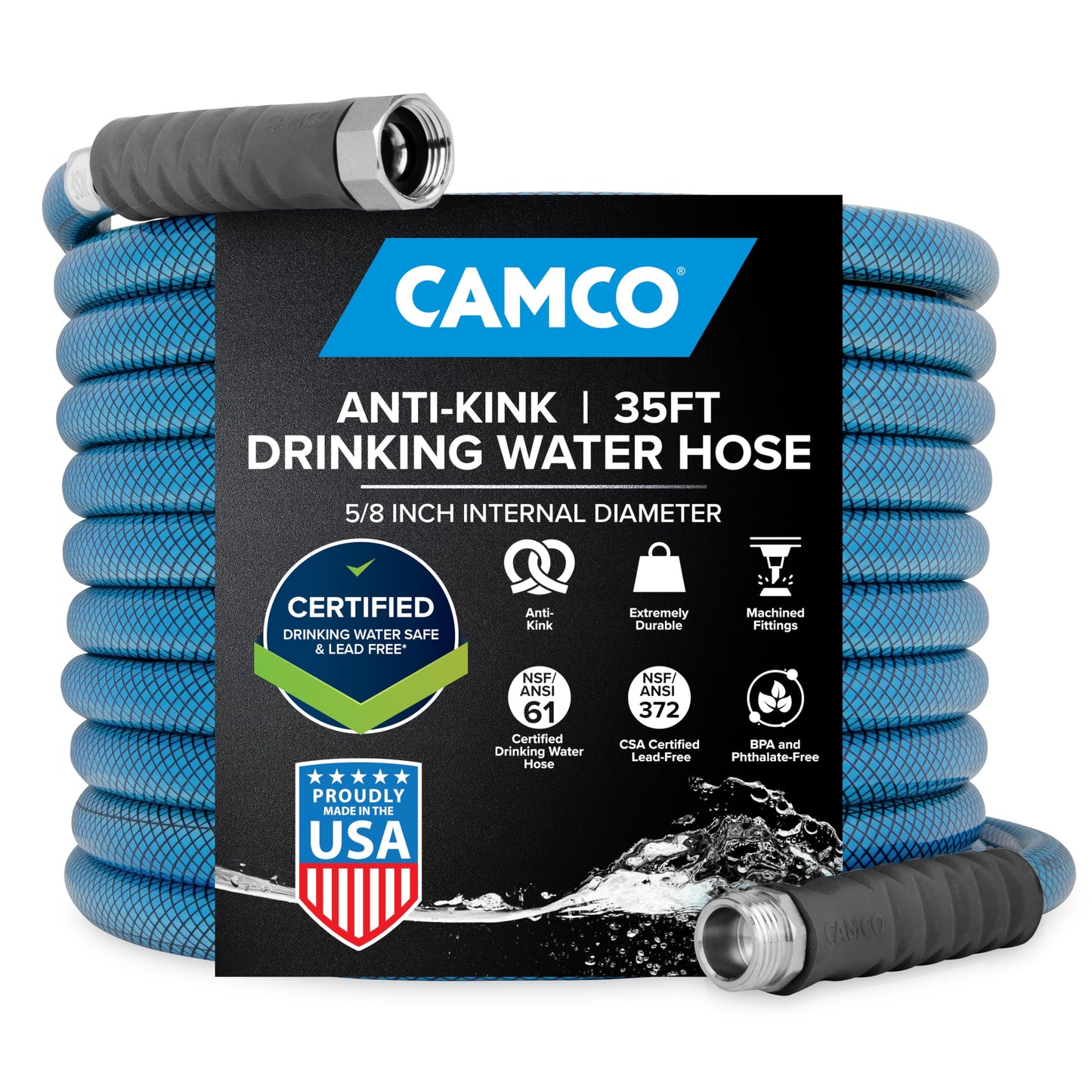 Camco TastePURE 35-Foot Premium Camper/RV Drinking Water Hose - Features a Heavy-Duty No-Kink Design with Strain Relief Ends & 5/8-Inch Inside Diameter - NSF Drinking Water Safe Certified (22843)