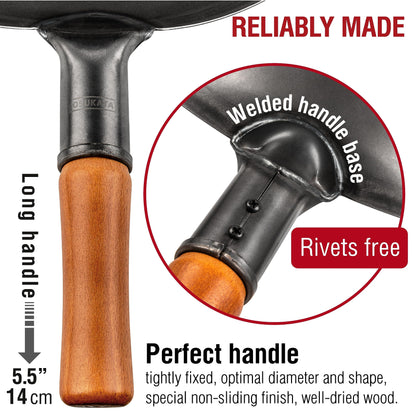 YOSUKATA 13.5" Carbon Steel Wok Pan – Pre-Seasoned Flat Bottom Pow Wok for Stir Fry, BBQ, Grill & Camping – Traditional Japanese Chinese Cookware – Compatible with Induction, Electric, Gas, Open Fire