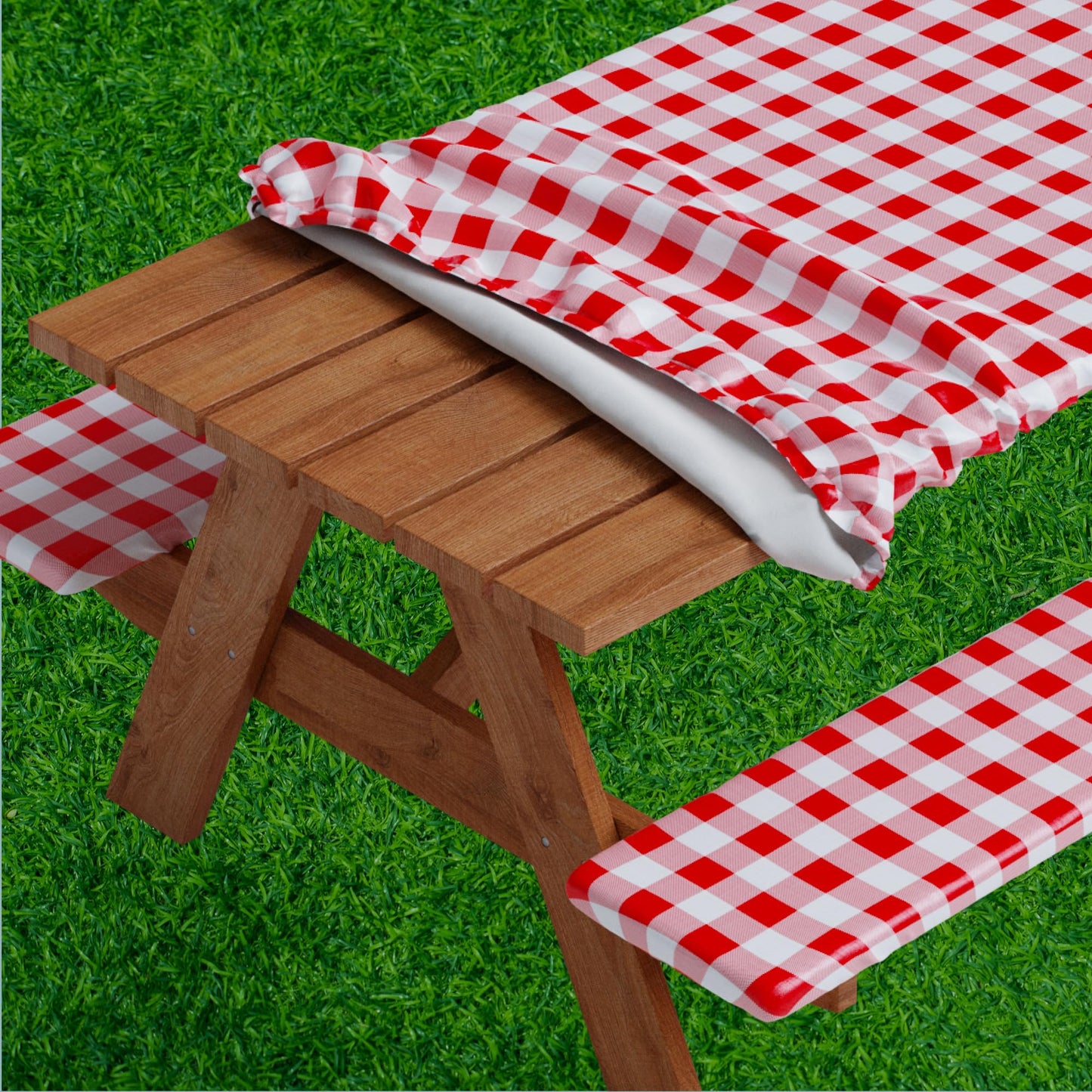 Sorfey Picnic Table Cover with Bench Covers -Fitted with Elastic, Vinyl with Flannel Back, Fits for Table 30"x 72" Rectangle,Water Proof, Checked red Design