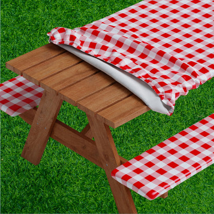 Sorfey Picnic Table Cover with Bench Covers -Fitted with Elastic, Vinyl with Flannel Back, Fits for Table 30"x 72" Rectangle,Water Proof, Checked red Design