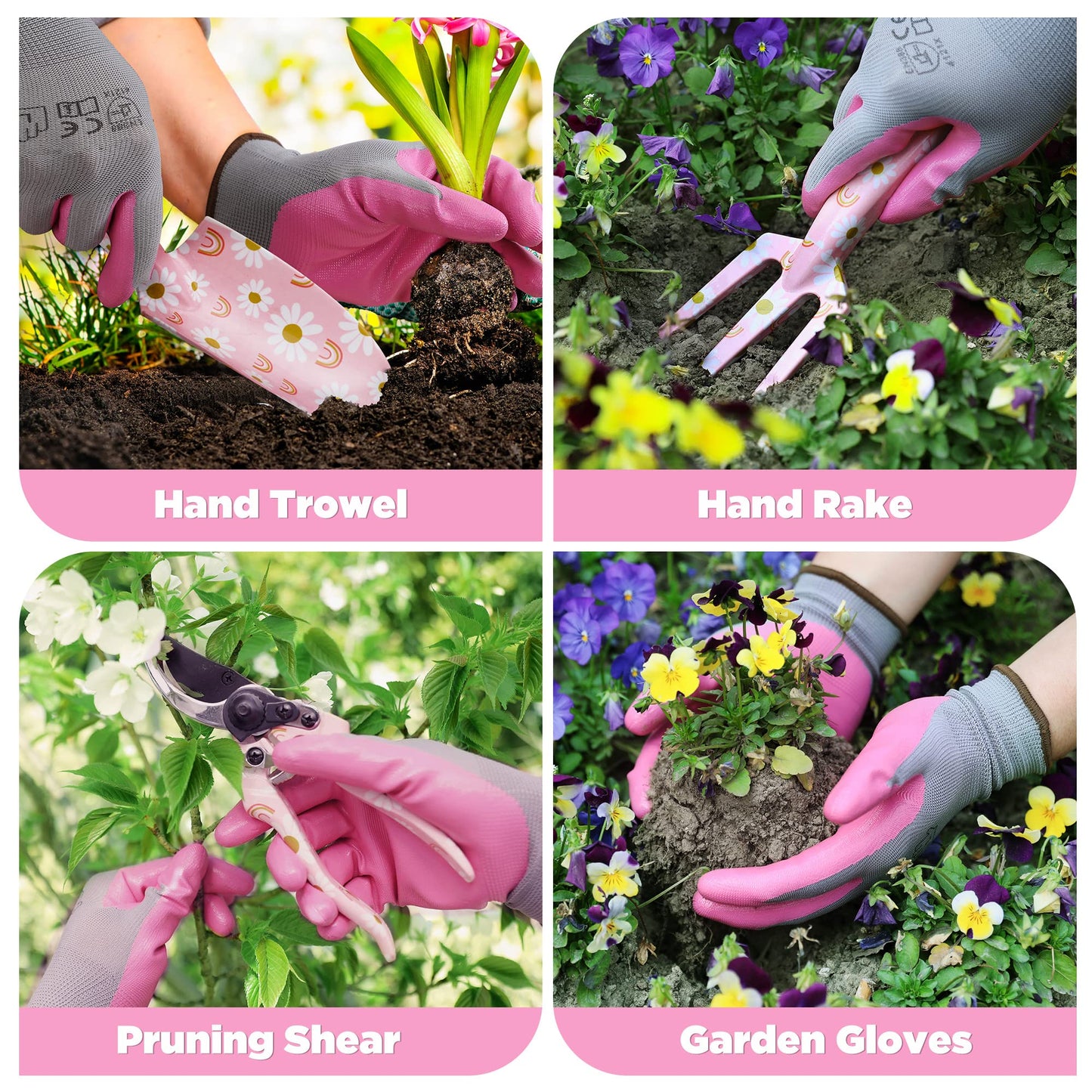 WORKPRO Aluminum Garden Tool Set, 4PCS Heavy Duty Gardening Tools with Box Include Trowel, Rake, Pruner, Gloves, Pink, Garden Gifts-Pink Ribbon