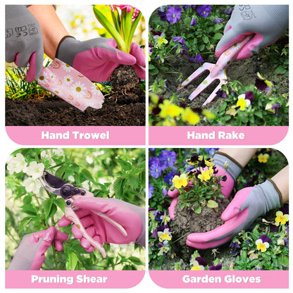 WORKPRO Aluminum Garden Tool Set, 4PCS Heavy Duty Gardening Tools with Box Include Trowel, Rake, Pruner, Gloves, Pink, Garden Gifts-Pink Ribbon
