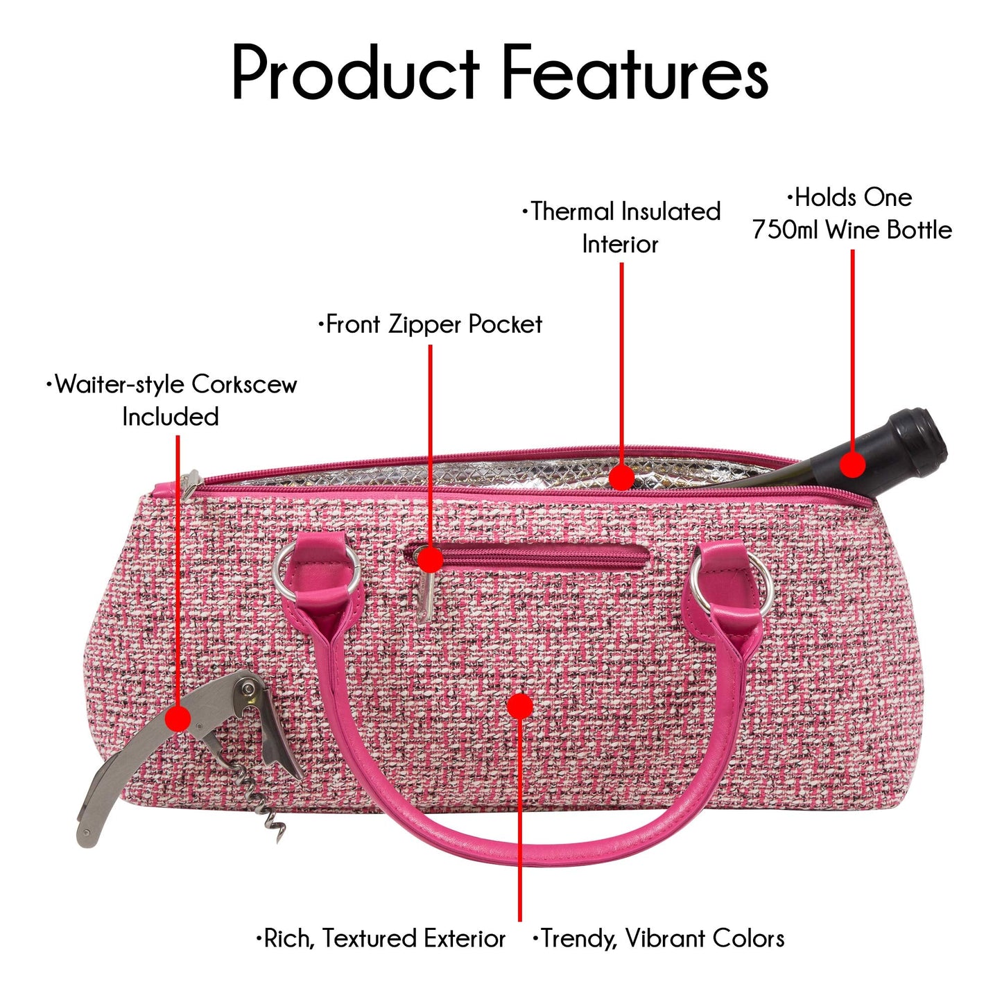 Wine Clutch Bag (Thermal Insulated) Trendy Women’s Carry Tote | Holds Red & White 750mL Bottles | Trendy Fashion | Incl. Portable Waiter-Style Corkscrew (Pink Tweed)
