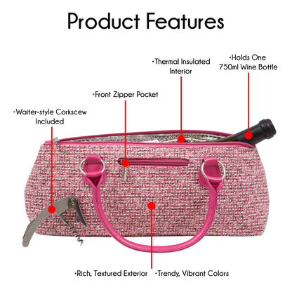 Wine Clutch Bag (Thermal Insulated) Trendy Women’s Carry Tote | Holds Red & White 750mL Bottles | Trendy Fashion | Incl. Portable Waiter-Style Corkscrew (Pink Tweed)