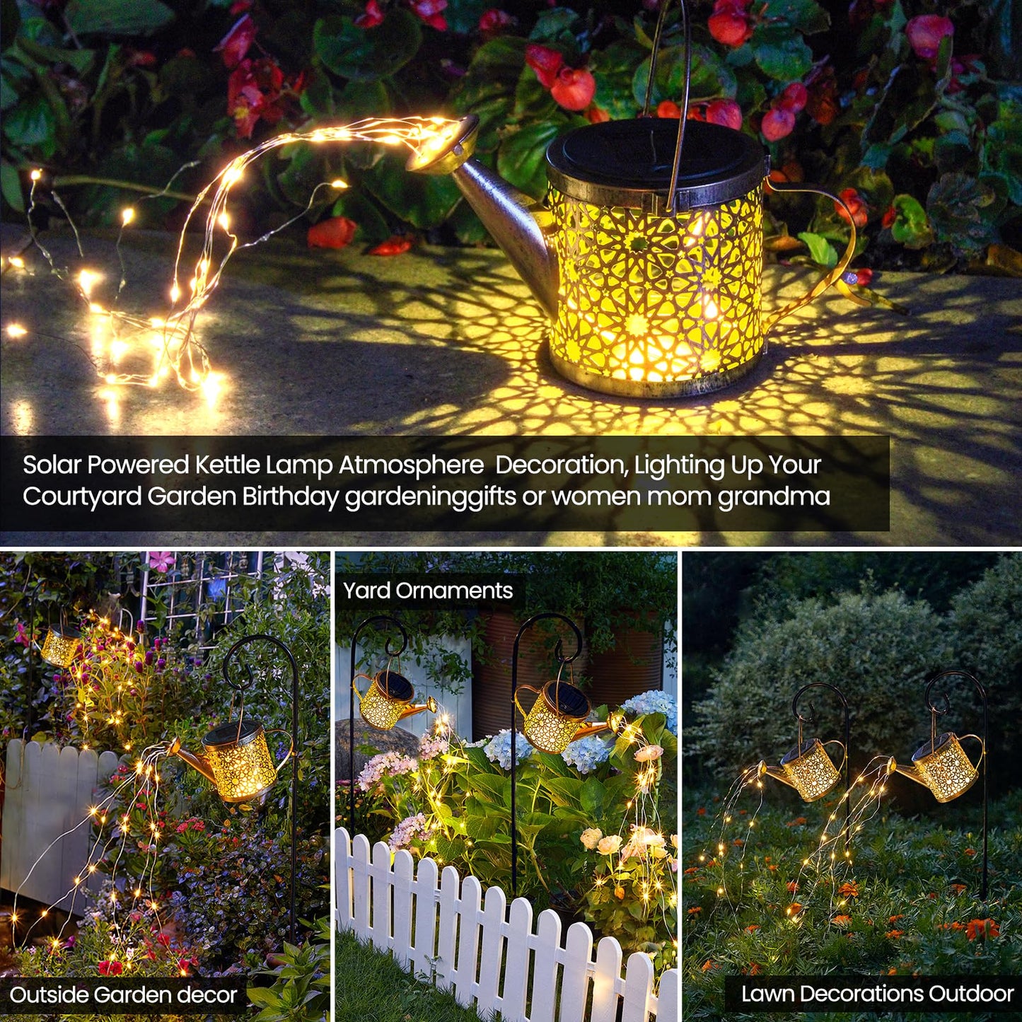 Solar Lights Outdoor Decorative, Metal Solar Watering Can Lights Waterproof, Small Hanging Garden Decor Yard Lights Outside Patio Lawn, Gifts for Mom Grandma Women Birthday(Warm White)