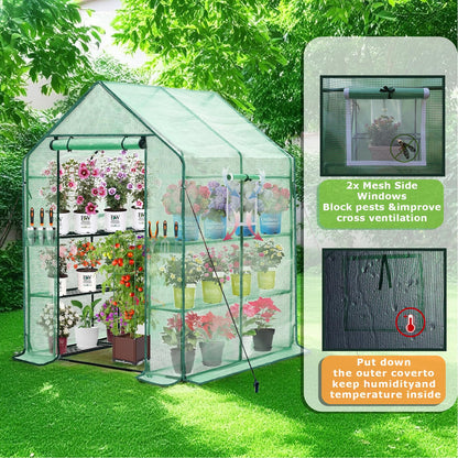 Purlyu Walk-in Greenhouse w/ Roll-Up Zipper Door & Screen Windows-3 Tiers 12 Shelves 56x56x76“ PE Greenhouse for Outdoor Gardening Plants Cold Frost Protection Wind Rain Proof(PLGHW002G-N)