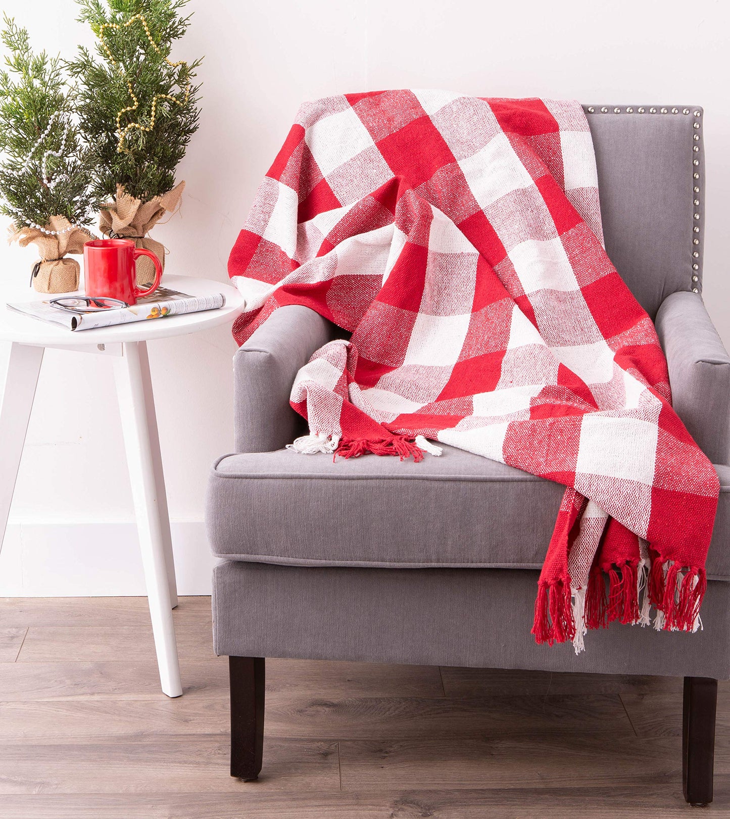 DII Buffalo Check Collection Rustic Farmhouse Throw Blanket with Tassles, 50x60, Red/White