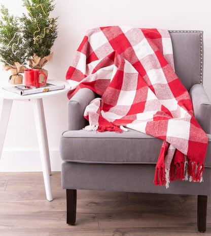 DII Buffalo Check Collection Rustic Farmhouse Throw Blanket with Tassles, 50x60, Red/White