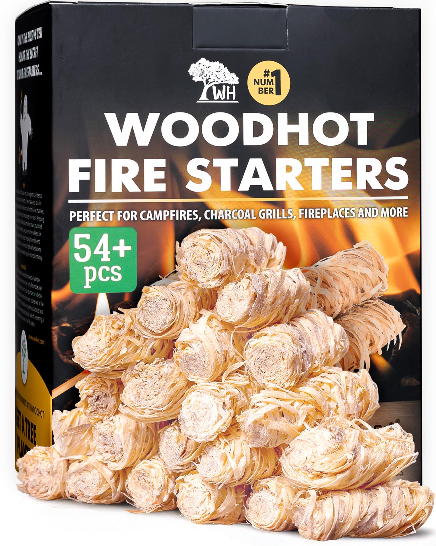 WH Natural Fire Starters for Campfires & Grill - 54+ Pack - Long-Burning Charcoal Starters - Odorless Firestarters for Outdoor Fire Pit, Fireplace - Quick Ignite