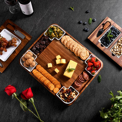 Shanik Upgraded Acacia Cheese Board Set, Square Shaped Charcuterie Set, Cheese Platter, Handcrafted Design and Stainless Steel Cutlery Set - Gift for Any Occasion No Engraving