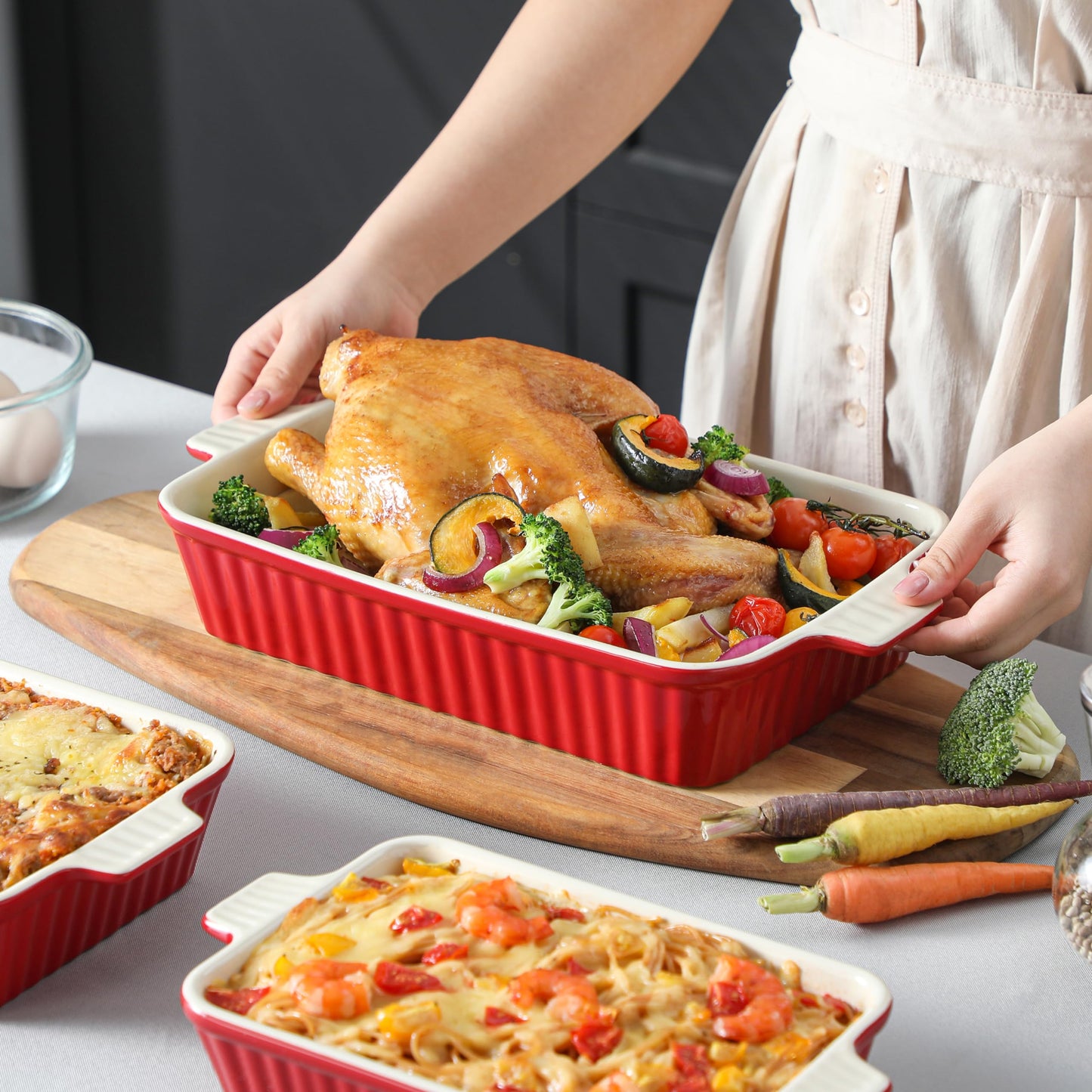 Bakeware Set of 4, MALACASA Porcelain Baking Pans Set for Oven, Casserole Dish, Ceramic Rectangular Baking Dish Lasagna Pans for Cooking Cake Pie Dinner Kitchen, Red (9.5"/11.25"/12.75"/14.5")