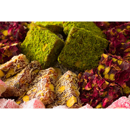 Cerez Pazari Turkish Delight Pistachio with Fantastic Rose & Pomegranate Flavour Experience in Luxury Gift Box 8.8 oz | Assorted Gourmet Soft Candy, Sweet Vegan Traditional Lokum (Loukoumi) (9-11 Pcs)