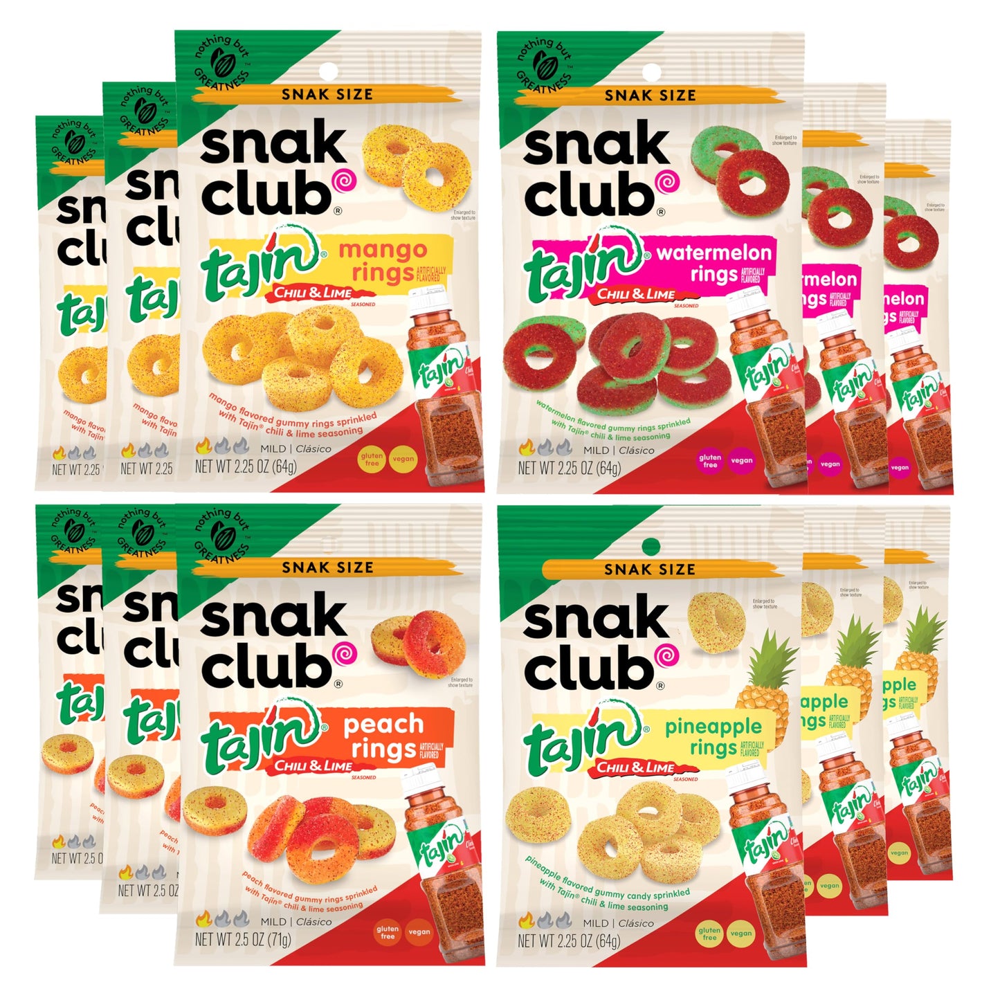 Snak Club Tajin Gummy Candy Fruit Rings, Gummies with Chili and Lime Seasoning, Mild Spice, Gluten-Free and Vegan Snacks, Assorted Variety, Mango, Pineapple, Peach, Watermelon, Snack Size 12 Pack