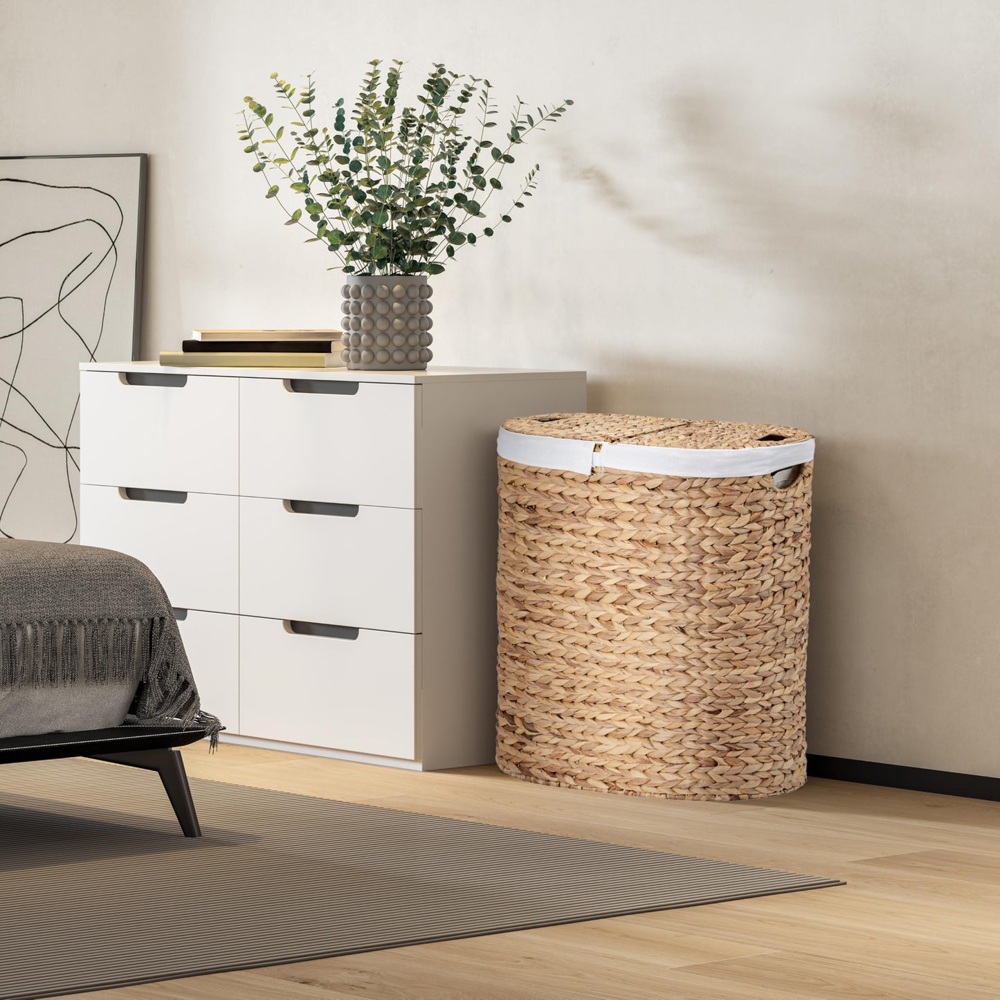 Seville Classics Premium Natural Handwoven Portable Laundry Bin Basket with Carrying Handles, Household Storage for Clothes, Linens, Sheets, Toys, Water Hyacinth, Oval Hamper