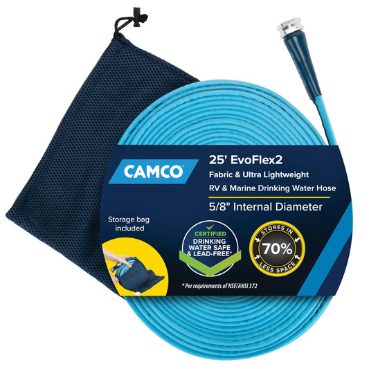Camco EvoFlex2 25-ft Drinking Water Hose - RV Drinking Water Hose Reinforced with Fabric & Ultra Lightweight - Contains No Lead, No BPA & No Phthalate - Abrasion Resistant (22577)