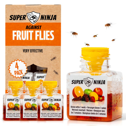 Super Ninja Fruit Fly Traps for Indoors - 4 Pack, Highly Effective Fruit Fly Catcher for Indoor Use for Home & Kitchen, Up to 3 Weeks of Performance per Bottle, Kid & Pet Friendly
