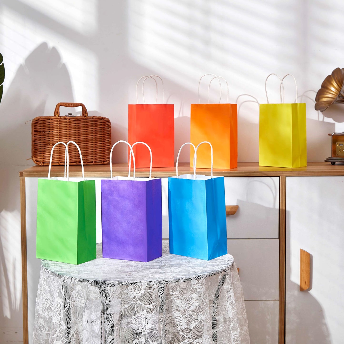 SUNCOLOR 24-Pack Rainbow Gift Bags with Handles, 8" Multi-Color Paper Party Favor Bags for Goodies. Birthdays, Events, Classrooms & Celebrations