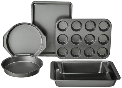 Amazon Basics 6 Piece Nonstick, Carbon Steel Oven Safe Bakeware Set with Cake, Muffin, Cookie, and Loaf Pans, 6 Piece, 16.25 x 11.75 x 6.25 inches
