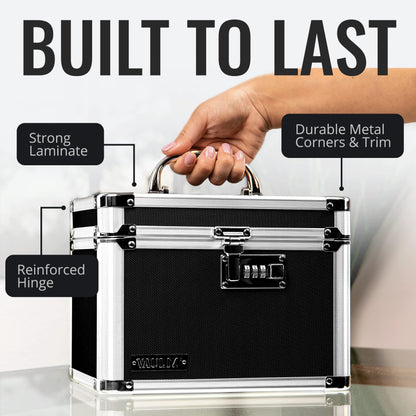 Vaultz Secure Security Lock Boxes - Safe Combination Lock Box, Storage for Documents, Valuables, Medicine & Money - 9.88 x 7.75 x 7 Inch - Black/Chrome