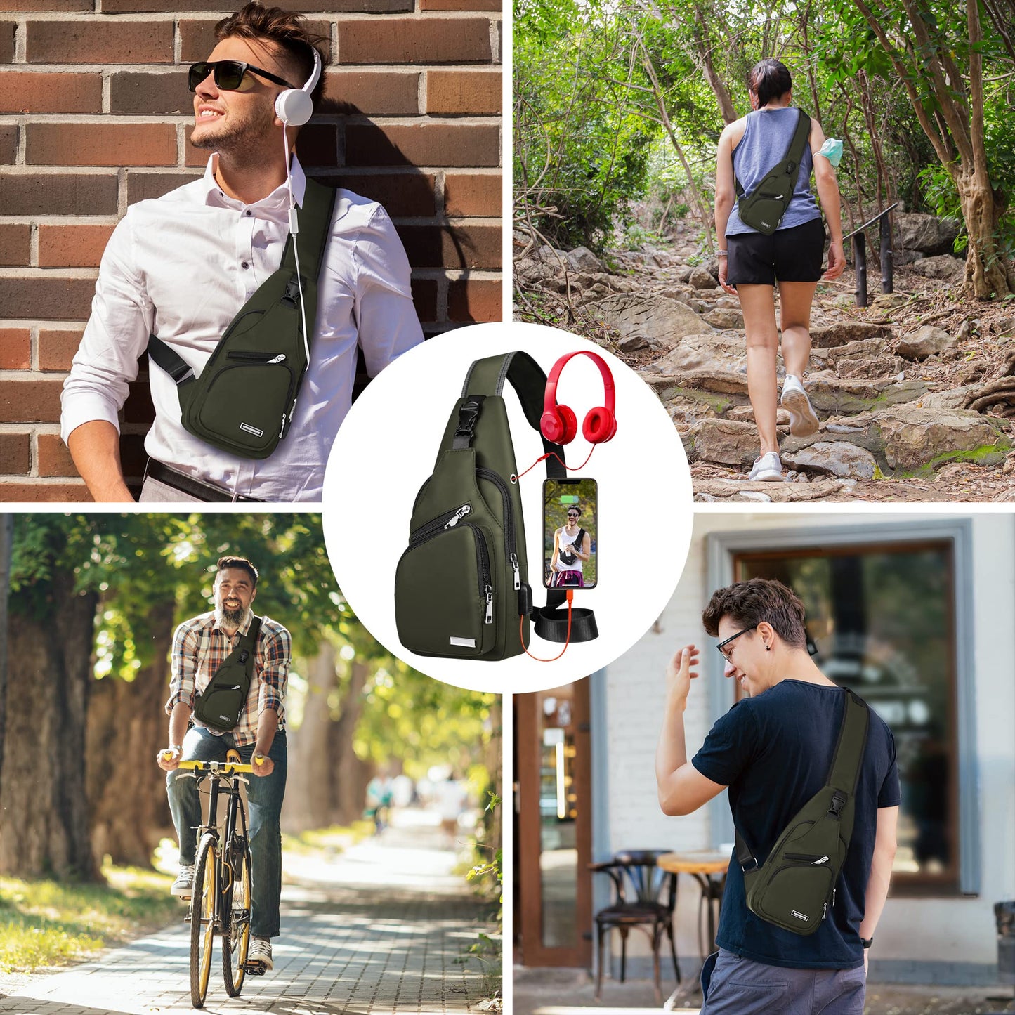 Waterproof Sling Bag Crossbody Backpack for Men Women Sling Backpack Hiking Daypack Multipurpose Cross Body Chest Bag with USB Charger Hole & Headphone Hole for Outdoor Walking Travel(ArmyGreen)
