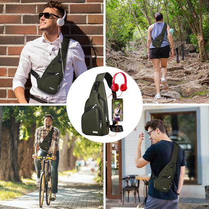 Waterproof Sling Bag Crossbody Backpack for Men Women Sling Backpack Hiking Daypack Multipurpose Cross Body Chest Bag with USB Charger Hole & Headphone Hole for Outdoor Walking Travel(ArmyGreen)
