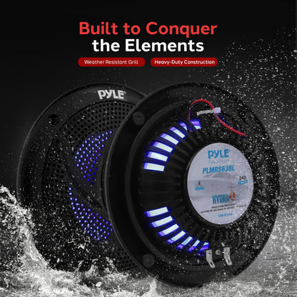 Pyle Marine Waterproof Speakers 6.5” - Low Profile Slim Style Wakeboard Tower and Weather Resistant Outdoor Audio Stereo Sound System with LED Lights and 240 Watt Power - 1 Pair in Black - PLMRS63BL
