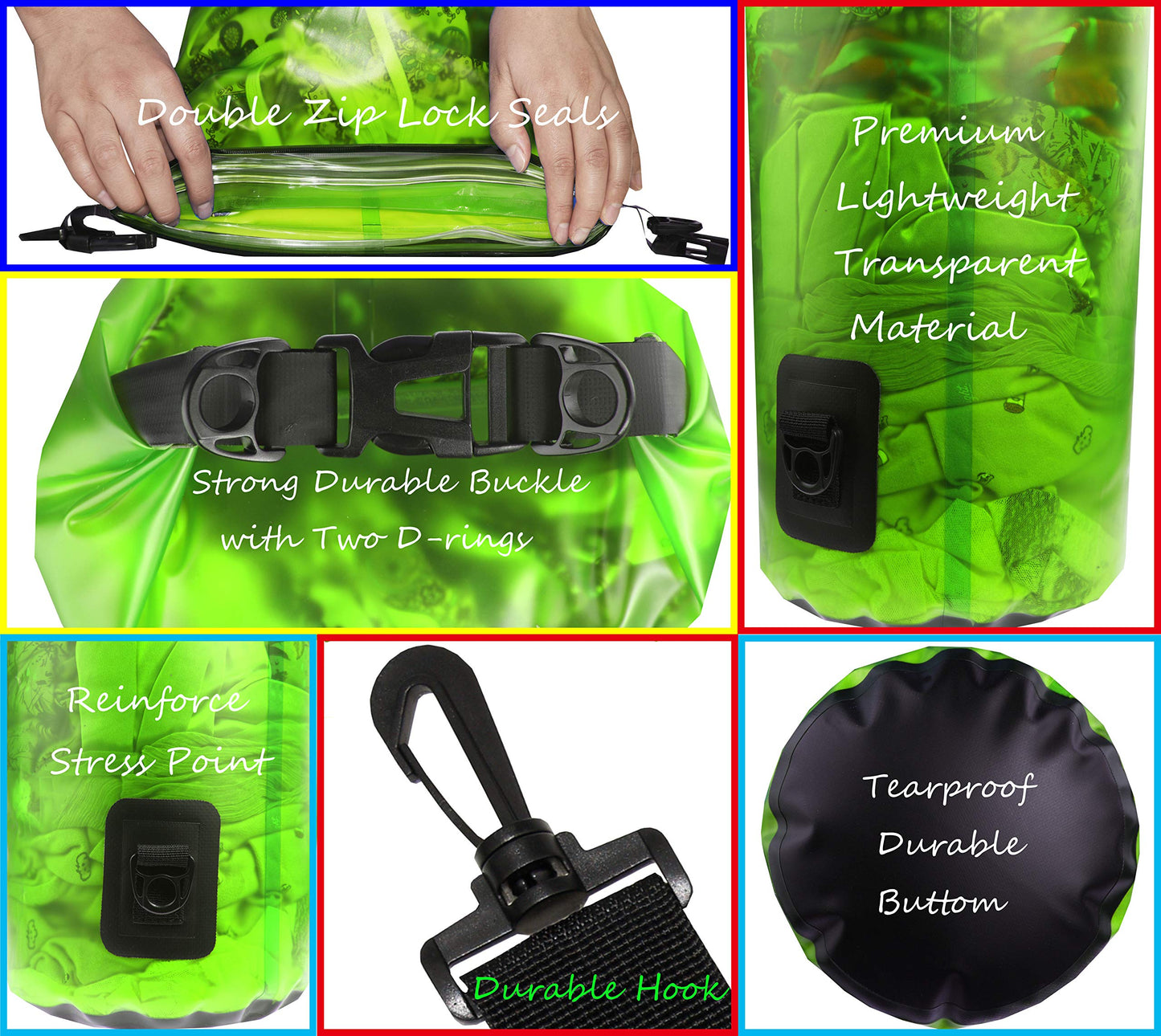 Waterproof Dry Bag - Transparent Lightweight Dry Sack with Strap, Seals and Waterproof Case - Float on Water - Keeps Gear Dry for Kayaking, Beach, Rafting, Boating, Hiking, Camping (Green) 5L