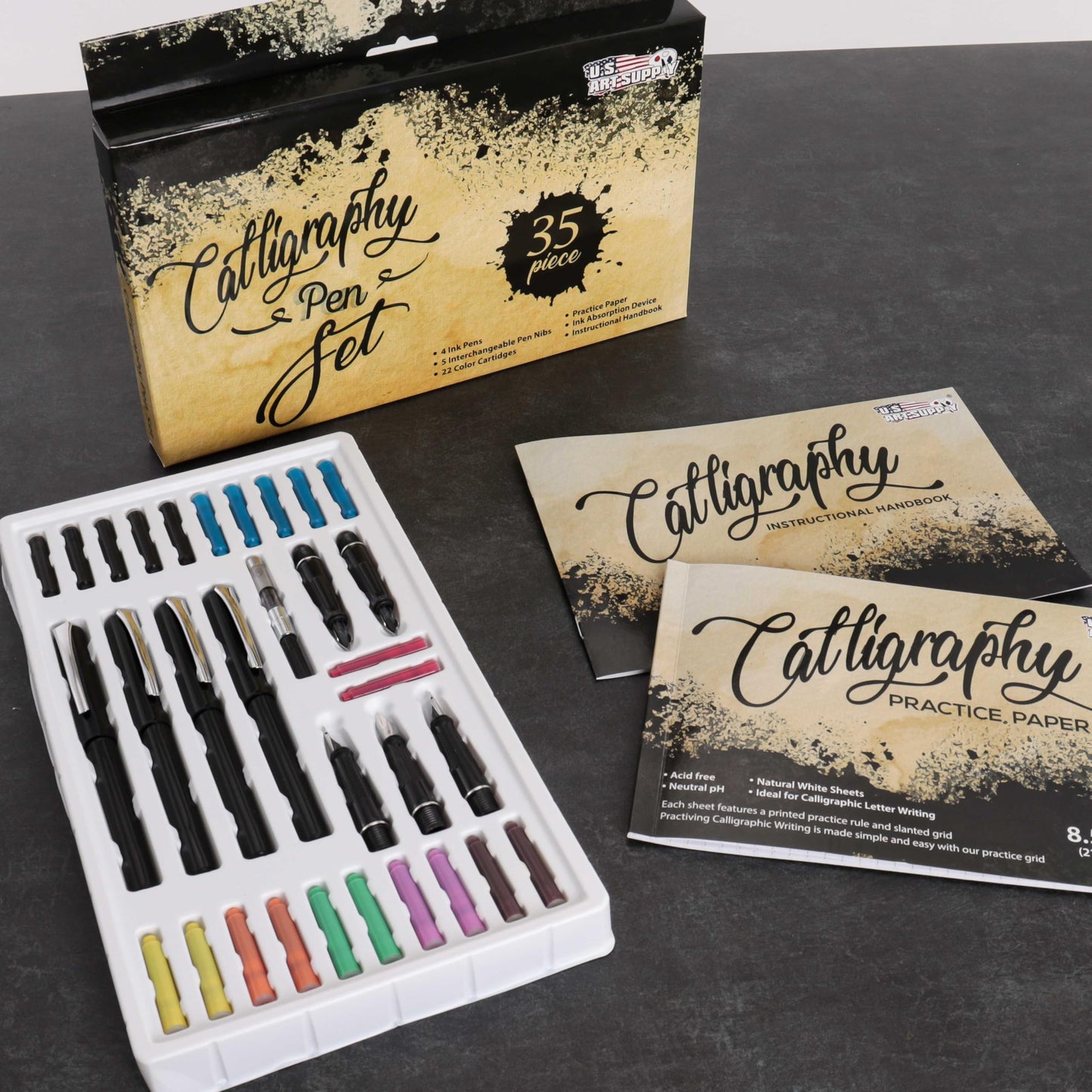 U.S. Art Supply 35-Piece Calligraphy Pen Set - 4 Pens, 5 Nibs, 22 Inks, Includes Calligraphy Pens for Writing, Beginners Handbook & Practice Paper Pad